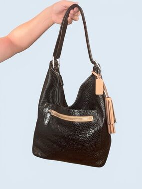 Coach Legacy XL Duffle Black Textured Leather Tassel Shoulder Bag Hobo Slouchy